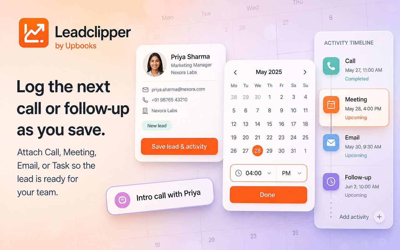 Leadclipper logging the next call or follow-up while saving a lead
