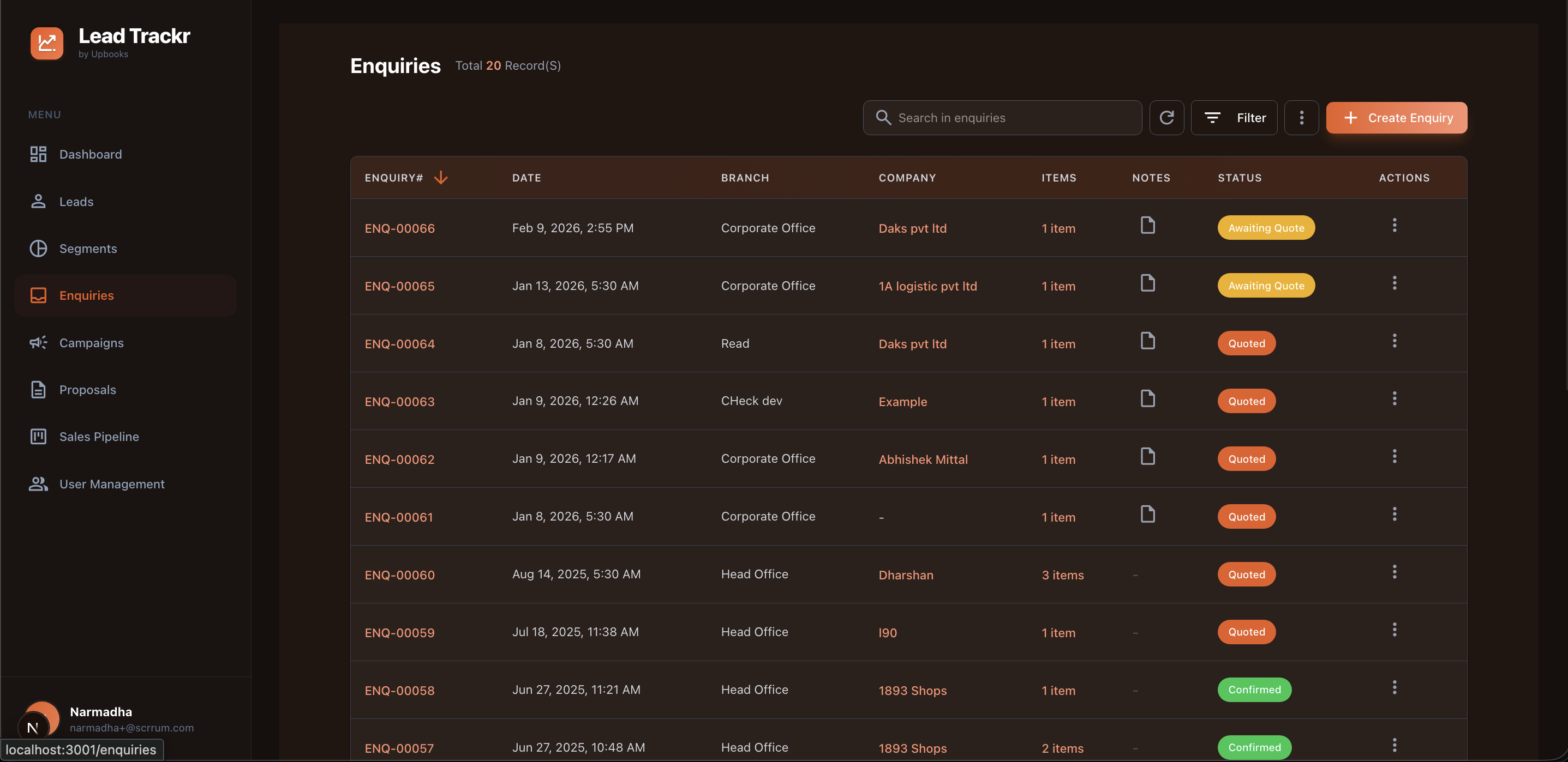 Lead Trackr - Enquiries