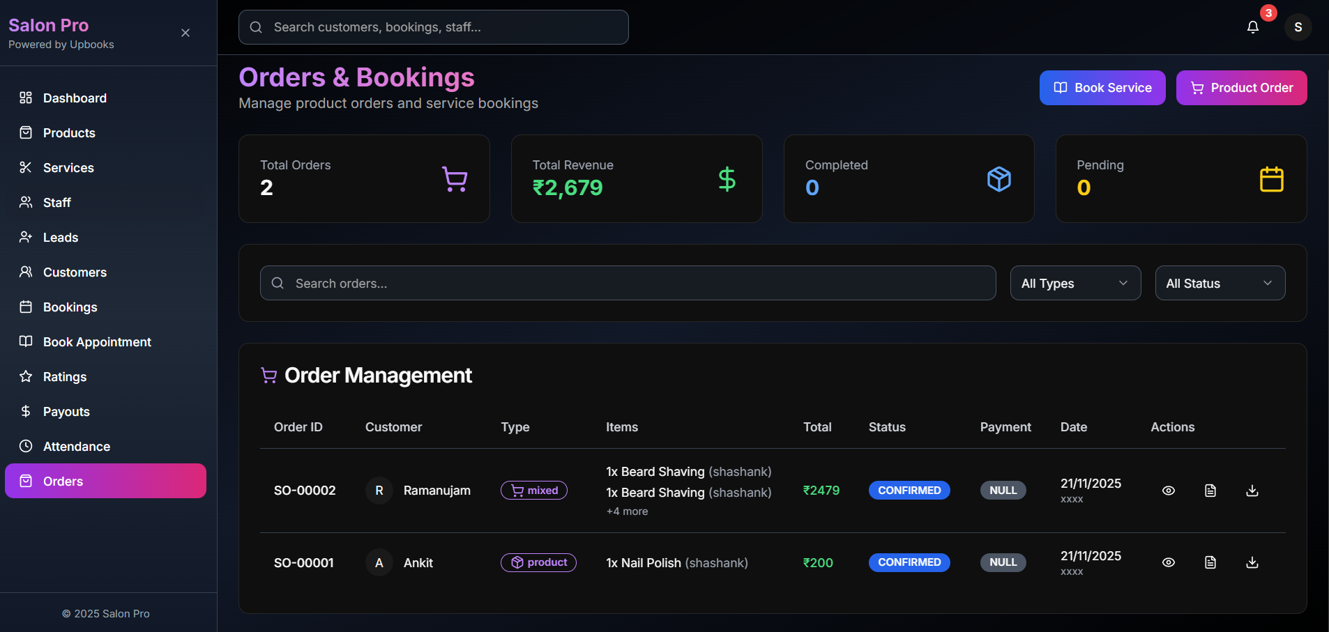 Salon Pro — Orders, payouts and ratings