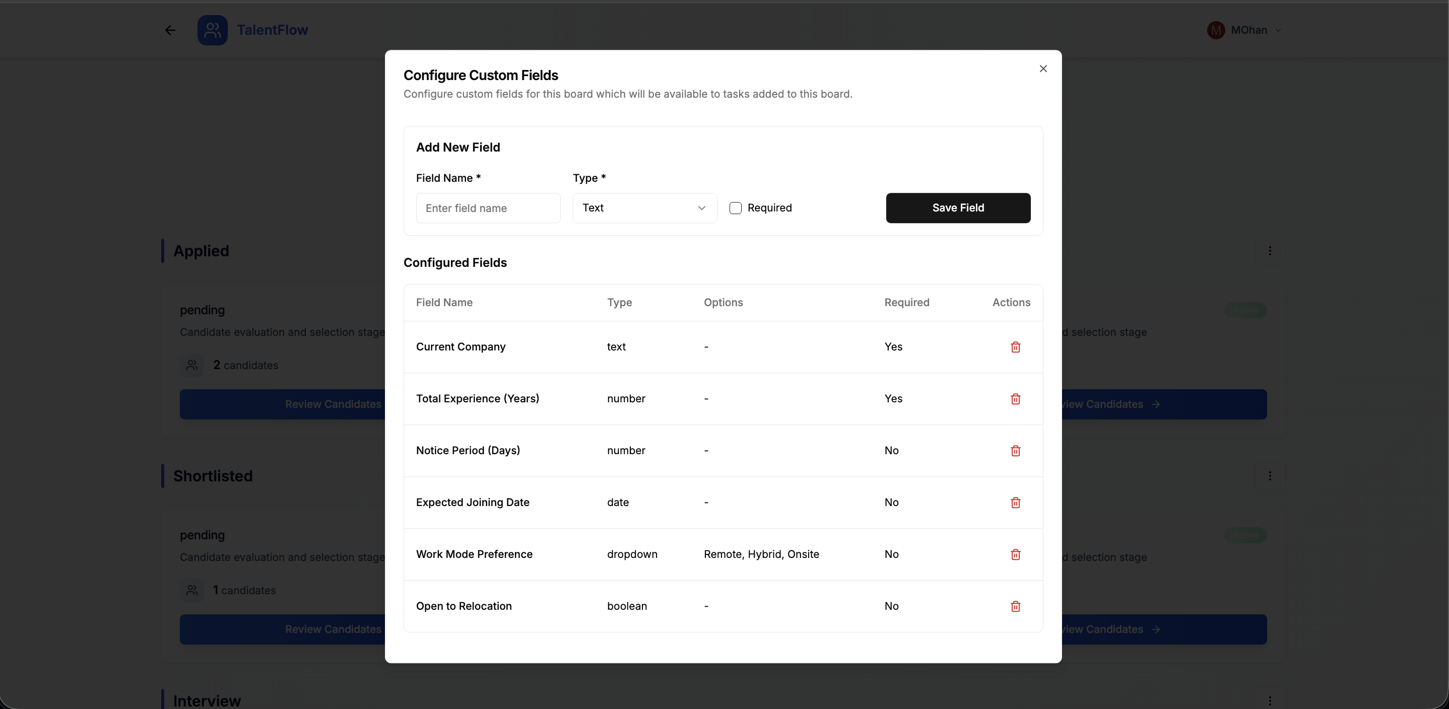 Talent Flow - Custom Fields