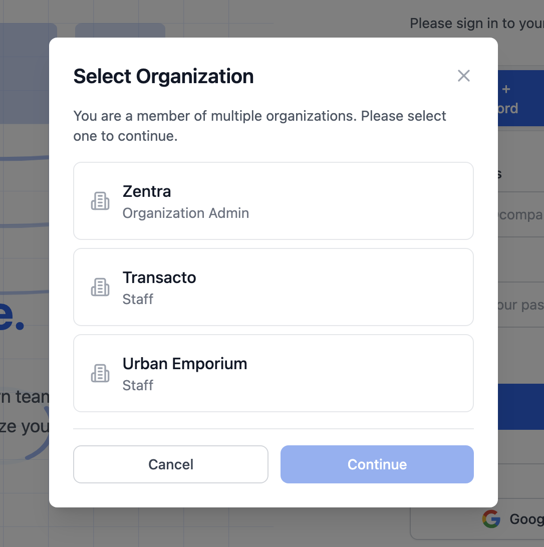 UpLog - Organization Selection