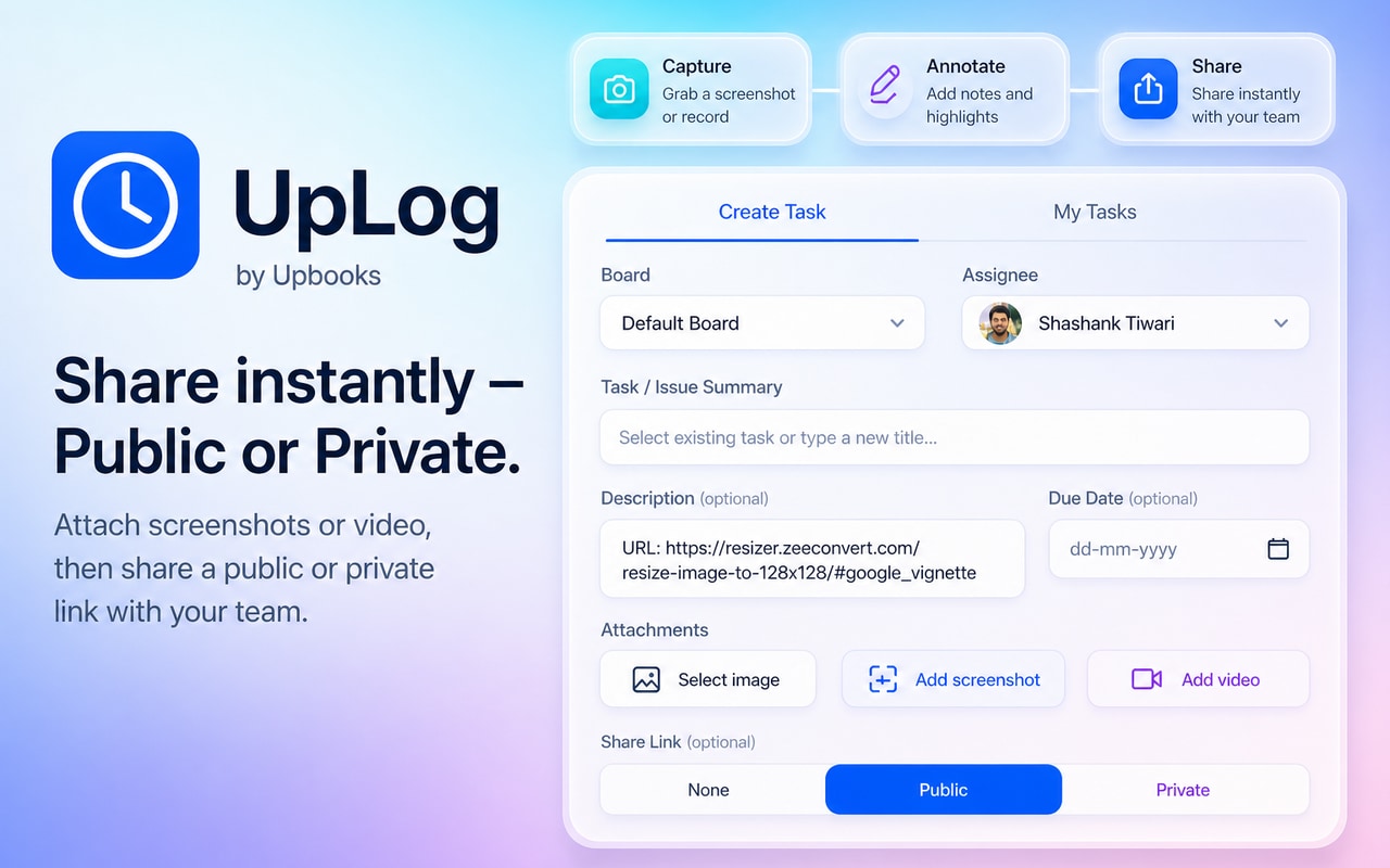 UpLog extension share screenshots and videos with public or private links