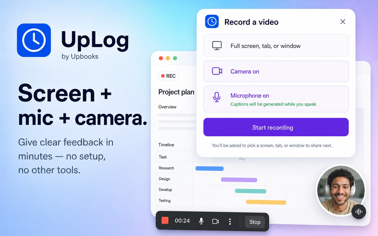 UpLog extension screen, mic, and camera video recording